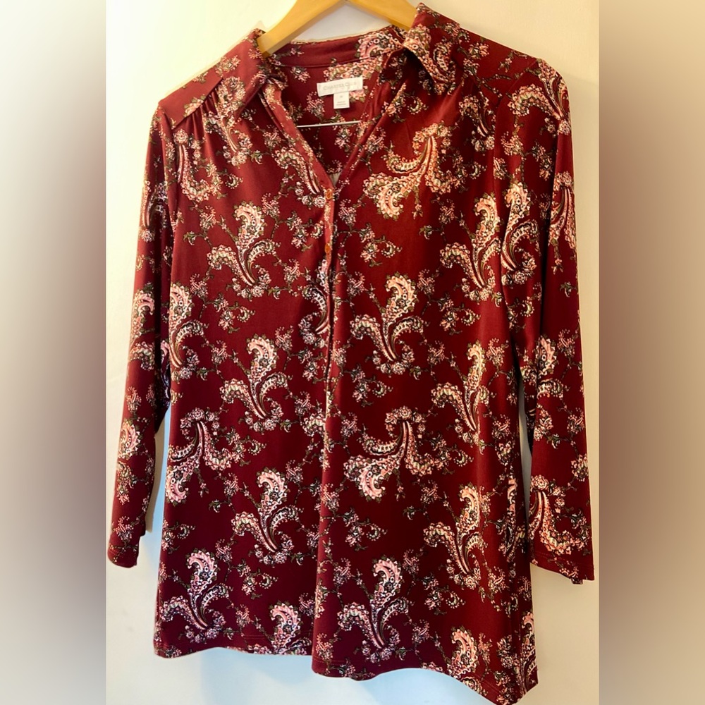 NWT Charter Club Knit Burgundy Floral 3/4 Sleeve Blouse